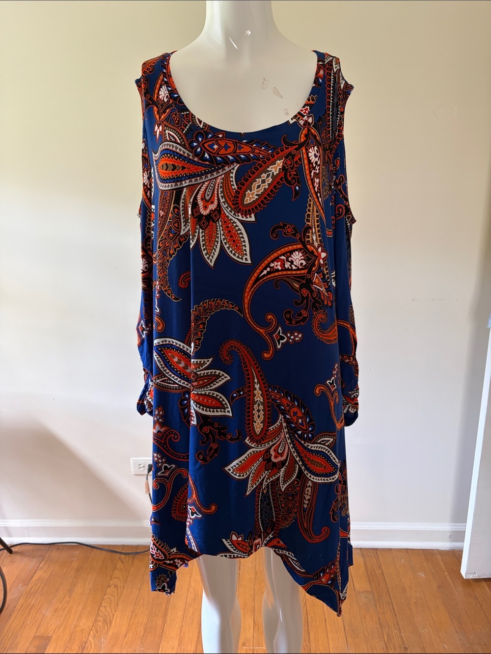 Grace Elements Navy Paisley Cold-Shoulder Asymmetrical Dress with Orange Accents